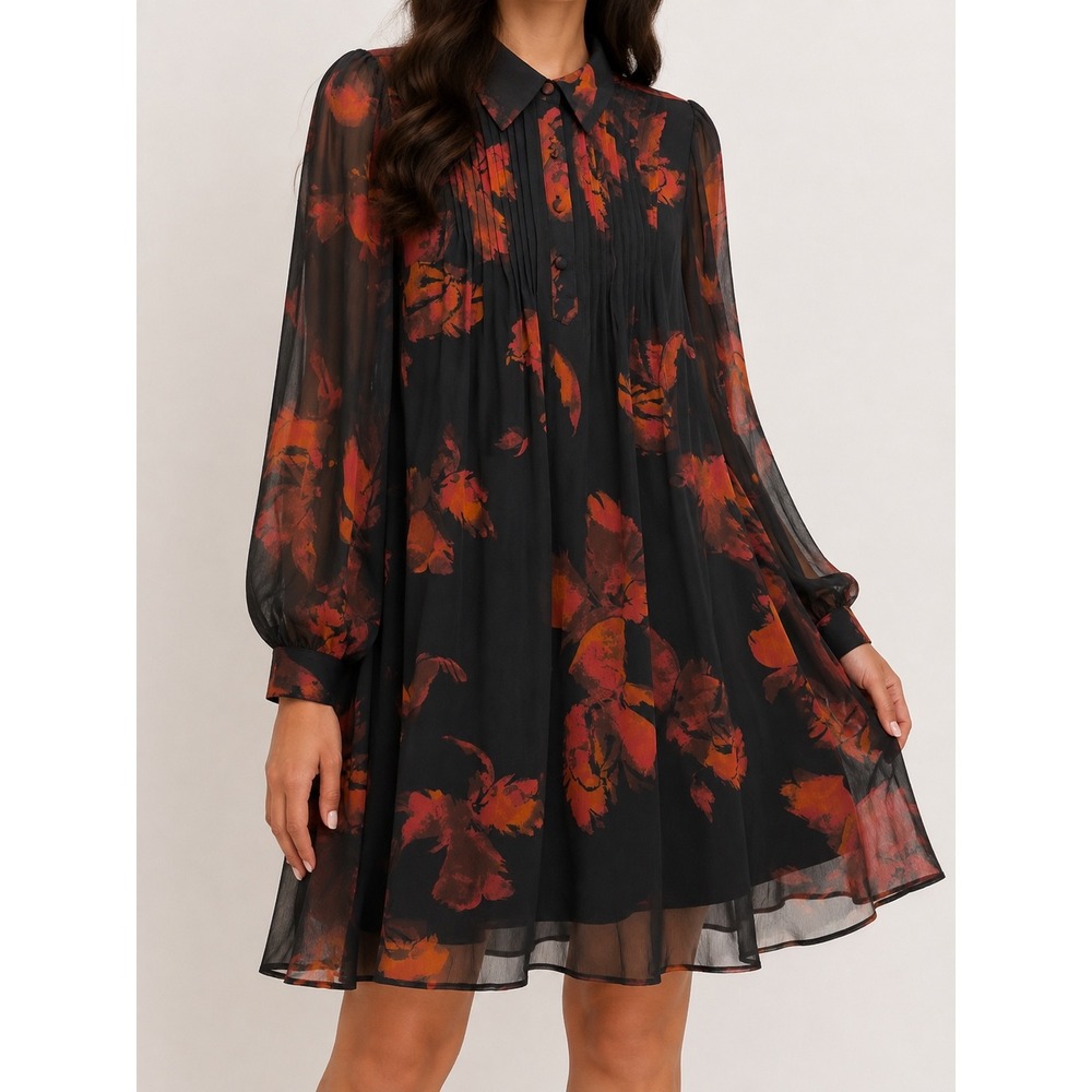 Nine West Floral Chiffon Pleated Mini Dress Black Orange XXL
